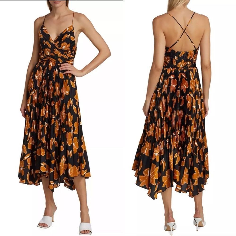 Jonathan Simkhai Portia Pleated Floral Satin Midi-Dress Handkerchief Hem Cross